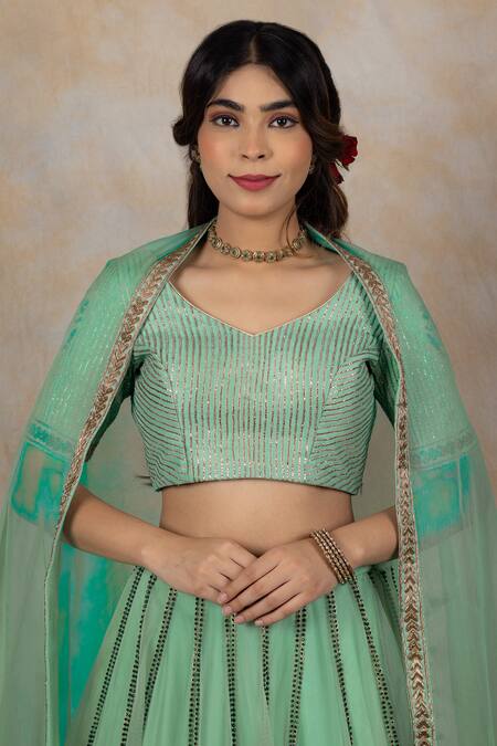 Buy House Of Mithi Kalra Green Silk, Organza Zari Asymmetric Zardosi Hand Embroidered Blouse Lehenga Set Online at Aza Fashions Buy_House Of Mithi Kalra_Green Silk, Organza Zari Asymmetric Zardosi Hand Embroidered Blouse Lehenga Set _Online_at_Aza_Fashions