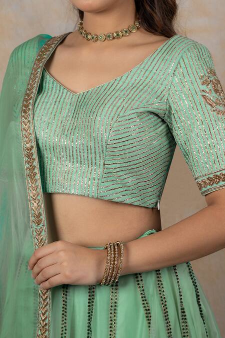 Shop House Of Mithi Kalra Green Silk, Organza Zari Asymmetric Zardosi Hand Embroidered Blouse Lehenga Set Online at Aza Fashions Shop_House Of Mithi Kalra_Green Silk, Organza Zari Asymmetric Zardosi Hand Embroidered Blouse Lehenga Set _Online_at_Aza_Fashions