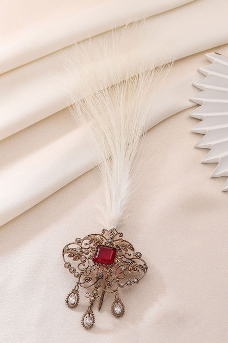 Shop_Cosa Nostraa_Red Embroidery, Beads, Feathers Subtle Power Kalangi _at_Aza_Fashions