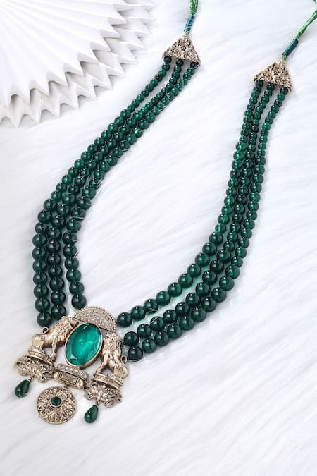 Shop_Cosa Nostraa_Green Grace Carved Pendant Layered Mala _at_Aza_Fashions