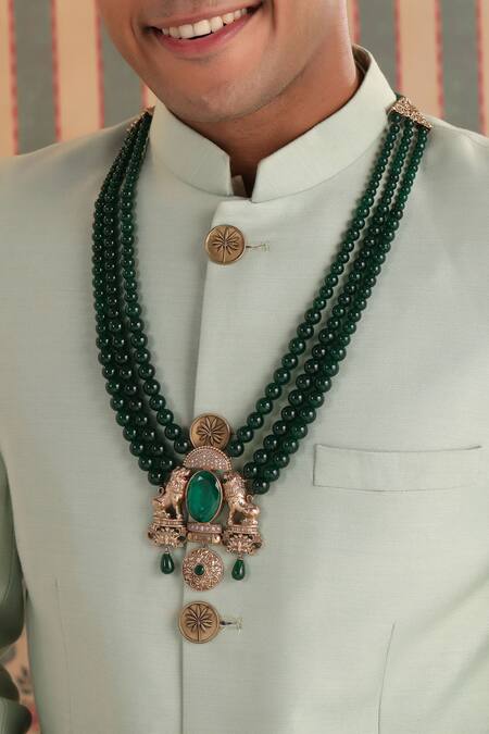 Cosa Nostraa_Green Grace Carved Pendant Layered Mala _Online_at_Aza_Fashions