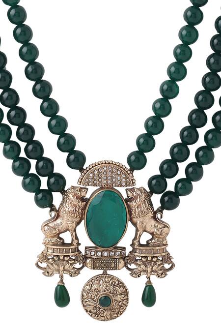 Shop_Cosa Nostraa_Green Grace Carved Pendant Layered Mala _Online_at_Aza_Fashions