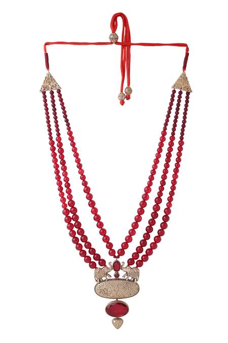 Cosa Nostraa_Red Fortune Elephant Carved Pendant Mala _Online_at_Aza_Fashions