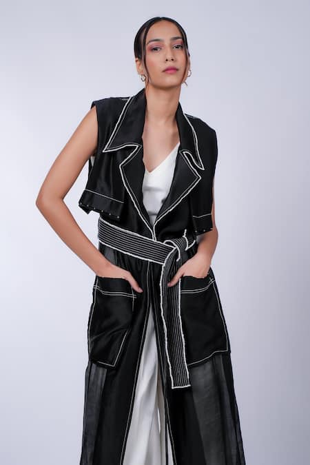 Diksha Khanna_Black Silk, Cotton V-neck Solid Trench Coat Pant Set _Online_at_Aza_Fashions