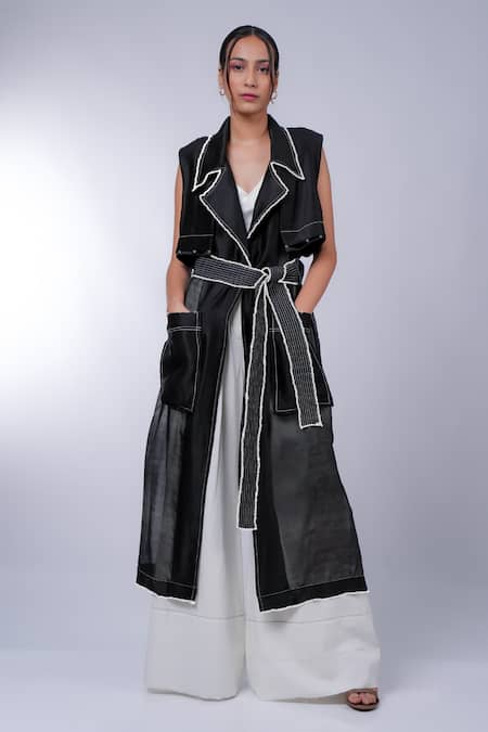 Shop_Diksha Khanna_Black Silk, Cotton V-neck Solid Trench Coat Pant Set _Online_at_Aza_Fashions