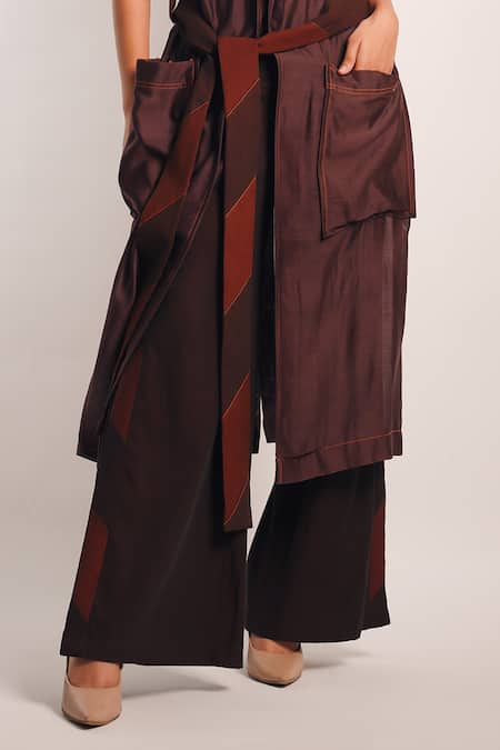 Diksha Khanna_Brown Silk, Cotton, Denim V-neck Plain Trench Coat Pant Set _Online_at_Aza_Fashions