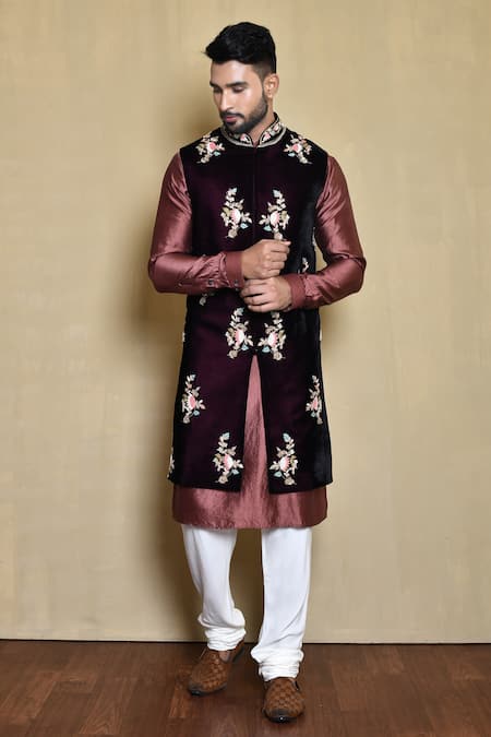 Aryavir Malhotra Velvet Embroidered Jacket Kurta Set 