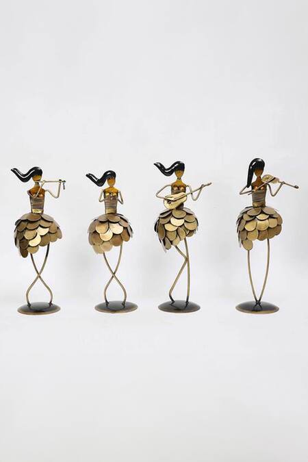 Cocovey Homes_Gold Aluminium Metal Lady Musician Figurine Set Of 4_at_Aza_Fashions