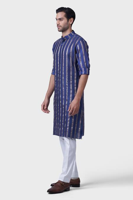 Raghavendra Rathore Jodhpur_Blue Silk Embroidery Kurta _Online_at_Aza_Fashions