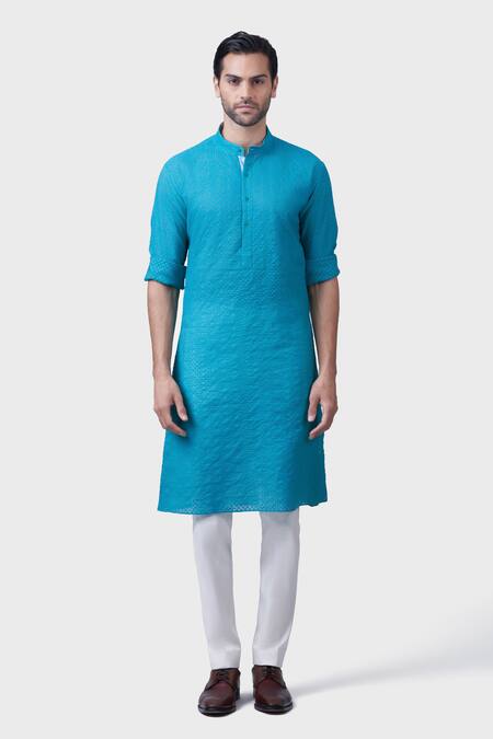 Raghavendra Rathore Jodhpur_Green Silk Embroidery Argyle Dot Thread Kurta _Online_at_Aza_Fashions
