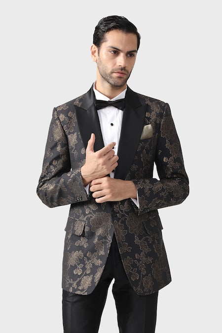 Buy_Raghavendra Rathore Jodhpur_Black Wool, Jacquard Embroidery The Foil Floral Pattern Tuxedo Jacket _Online_at_Aza_Fashions