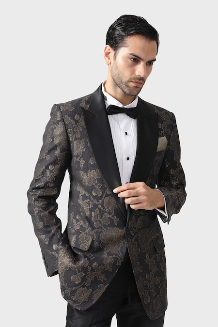 Shop_Raghavendra Rathore Jodhpur_Black Wool, Jacquard Embroidery The Foil Floral Pattern Tuxedo Jacket _Online_at_Aza_Fashions