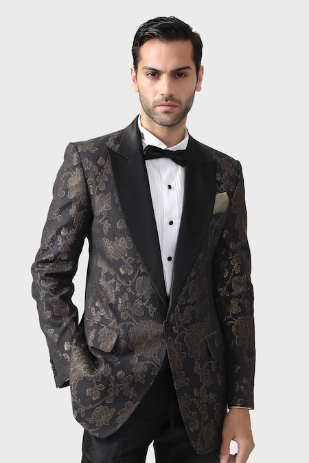 Raghavendra Rathore Jodhpur_Black Wool, Jacquard Embroidery The Foil Floral Pattern Tuxedo Jacket _at_Aza_Fashions