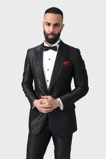 Buy_Raghavendra Rathore Jodhpur_Black Silk, Jacquard Embroidery The Arched Abstract Pattern Tuxedo Jacket _Online_at_Aza_Fashions