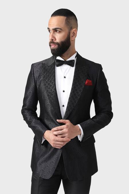 Shop_Raghavendra Rathore Jodhpur_Black Silk, Jacquard Embroidery The Arched Abstract Pattern Tuxedo Jacket _Online_at_Aza_Fashions