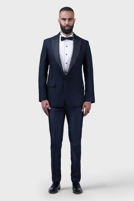 Raghavendra Rathore Jodhpur_Blue Wool, Jacquard Embroidery Tuxedo Jacket _Online_at_Aza_Fashions