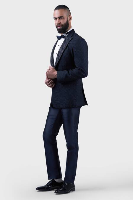 Buy_Raghavendra Rathore Jodhpur_Blue Wool, Jacquard Embroidery Tuxedo Jacket _Online_at_Aza_Fashions