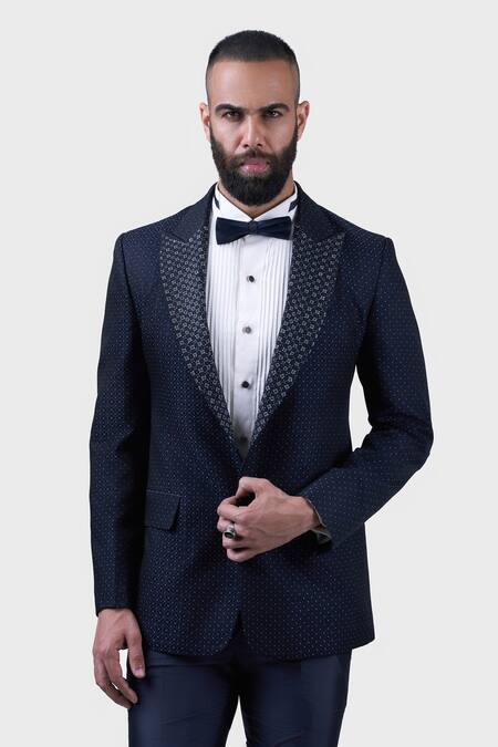 Shop_Raghavendra Rathore Jodhpur_Blue Wool, Jacquard Embroidery Tuxedo Jacket _Online_at_Aza_Fashions
