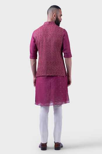 Shop Raghavendra Rathore Jodhpur Wine Silk Embroidery Floral Waistcoat at Aza Fashions Shop_Raghavendra Rathore Jodhpur_Wine Silk Embroidery Floral Waistcoat _at_Aza_Fashions