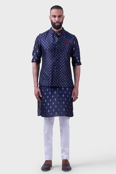Raghavendra Rathore Jodhpur_Blue Silk Embroidery The Midnight Waistcoat _Online_at_Aza_Fashions