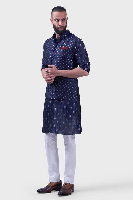 Buy_Raghavendra Rathore Jodhpur_Blue Silk Embroidery The Midnight Waistcoat _Online_at_Aza_Fashions