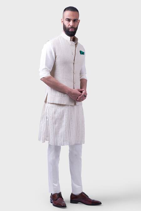 Buy_Raghavendra Rathore Jodhpur_Beige Silk Sequins, Embroidery The Balsamand Stately Waistcoat _Online_at_Aza_Fashions