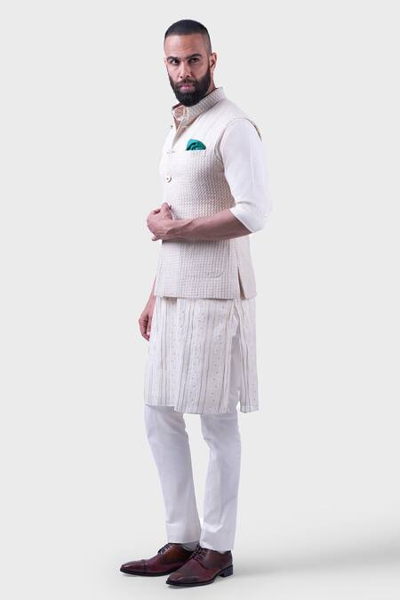 Shop_Raghavendra Rathore Jodhpur_Beige Silk Sequins, Embroidery The Balsamand Stately Waistcoat _Online_at_Aza_Fashions