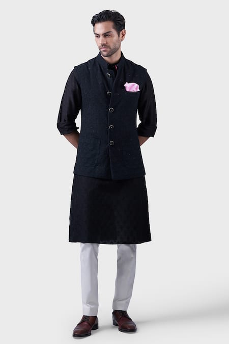 Buy_Raghavendra Rathore Jodhpur_Black Silk Embroidery, Sequins Floral Waistcoat _Online_at_Aza_Fashions