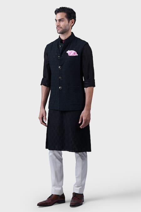 Shop_Raghavendra Rathore Jodhpur_Black Silk Embroidery, Sequins Floral Waistcoat _Online_at_Aza_Fashions