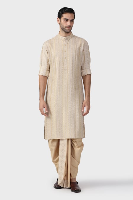 Raghavendra Rathore Jodhpur_Beige Tussar Sequins, Embroidery Amaryllis Vine Thread Kurta _Online_at_Aza_Fashions
