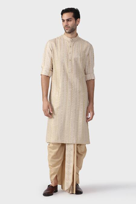 Buy_Raghavendra Rathore Jodhpur_Beige Tussar Sequins, Embroidery Amaryllis Vine Thread Kurta _Online_at_Aza_Fashions
