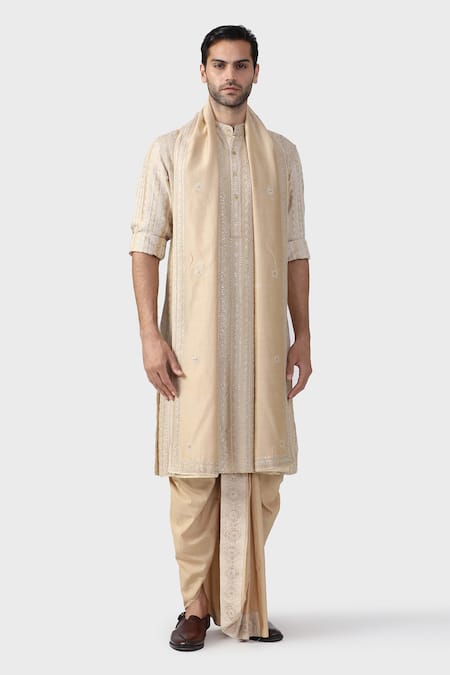 Shop_Raghavendra Rathore Jodhpur_Beige Tussar Sequins, Embroidery Amaryllis Vine Thread Kurta _Online_at_Aza_Fashions
