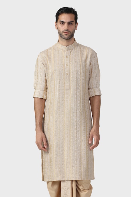 Raghavendra Rathore Jodhpur_Beige Tussar Sequins, Embroidery Amaryllis Vine Thread Kurta _at_Aza_Fashions