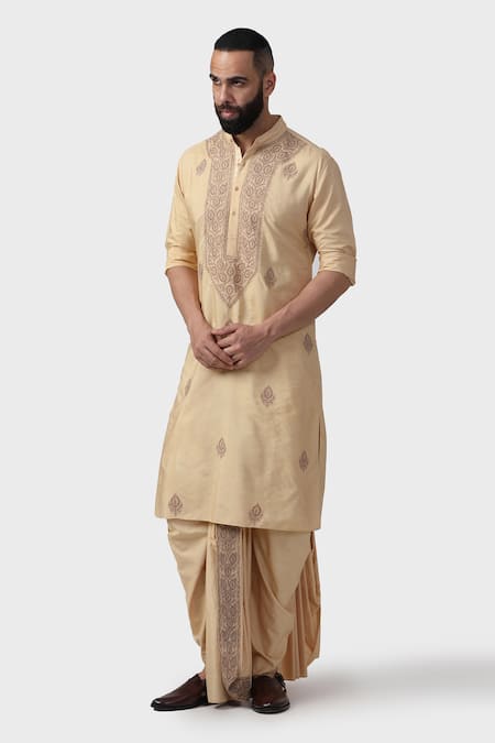 Raghavendra Rathore Jodhpur Beige Tussar Silk Embroidery Thread Work Minar Acanthus Bloom Kurta 