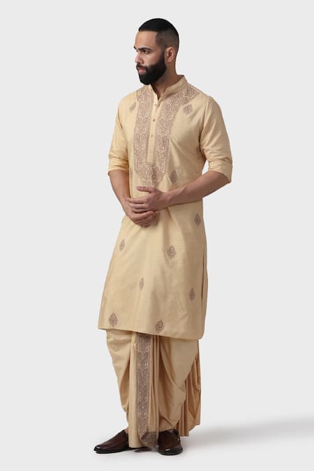 Shop_Raghavendra Rathore Jodhpur_Beige Tussar Embroidery Minar Acanthus Bloom Kurta _Online_at_Aza_Fashions