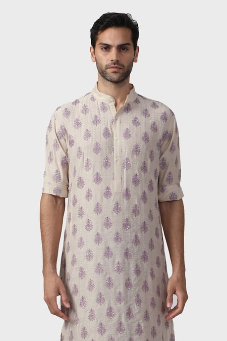 Raghavendra Rathore Jodhpur_Off White Modal Sequins, Embroidery Panch Mahal Damask Kurta _Online_at_Aza_Fashions