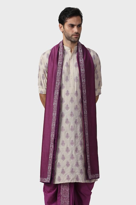 Shop_Raghavendra Rathore Jodhpur_Off White Modal Sequins, Embroidery Panch Mahal Damask Kurta _Online_at_Aza_Fashions