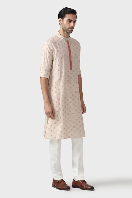 Raghavendra Rathore Jodhpur_Beige Tussar Embroidery Raas Fleur Kurta _Online_at_Aza_Fashions
