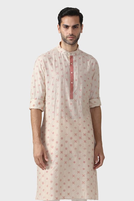 Shop_Raghavendra Rathore Jodhpur_Beige Tussar Embroidery Raas Fleur Kurta _Online_at_Aza_Fashions