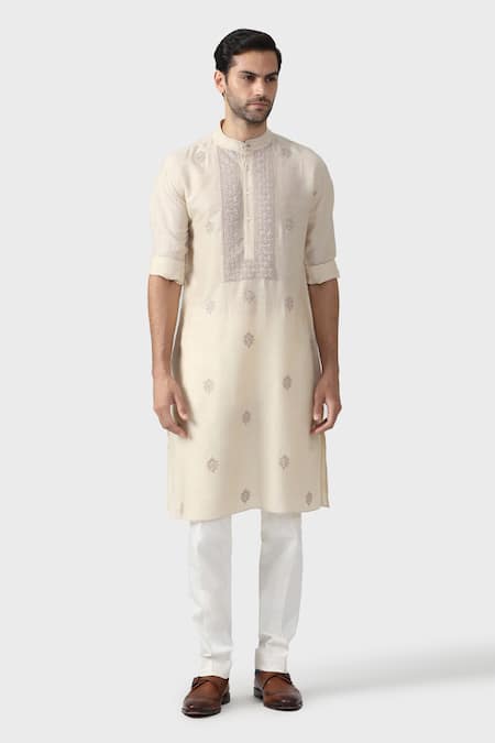 Raghavendra Rathore Jodhpur Beige Silk Embroidery Persian Jaal Marwar Yoke Kurta