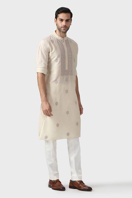 Raghavendra Rathore Jodhpur_Beige Silk Sequins, Embroidery Marwar Persian Jaal Yoke Kurta _Online_at_Aza_Fashions