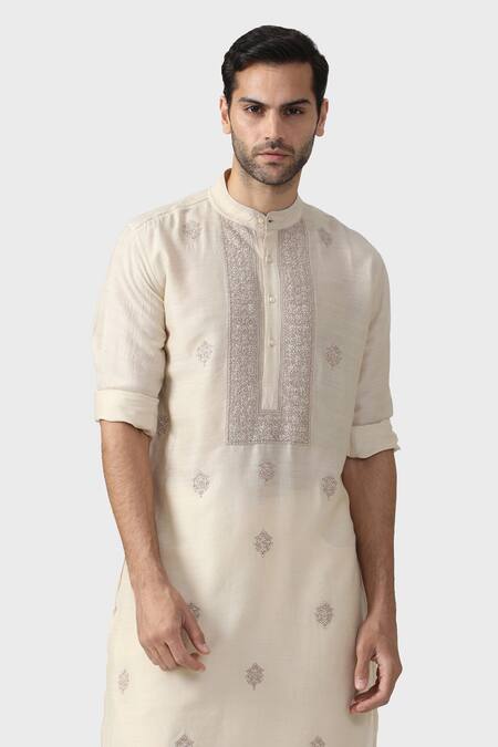 Buy_Raghavendra Rathore Jodhpur_Beige Silk Sequins, Embroidery Marwar Persian Jaal Yoke Kurta _Online_at_Aza_Fashions