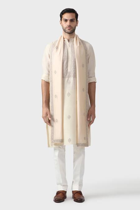 Shop_Raghavendra Rathore Jodhpur_Beige Silk Sequins, Embroidery Marwar Persian Jaal Yoke Kurta _Online_at_Aza_Fashions