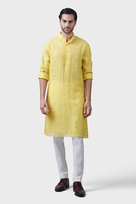 Raghavendra Rathore Jodhpur_Yellow Silk Embroidery, Sequins Climbing Rose Kurta_Online_at_Aza_Fashions