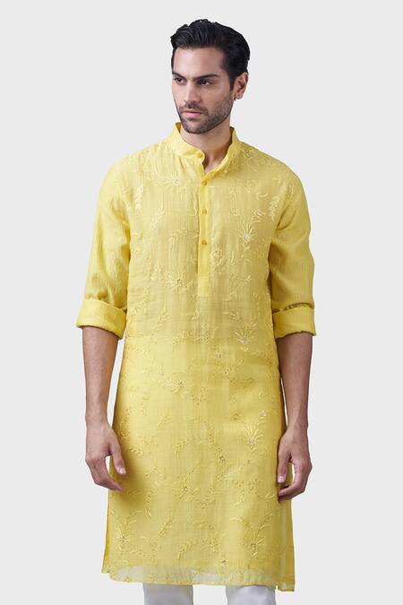 Buy_Raghavendra Rathore Jodhpur_Yellow Silk Embroidery, Sequins Climbing Rose Kurta_Online_at_Aza_Fashions