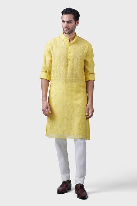 Shop_Raghavendra Rathore Jodhpur_Yellow Silk Embroidery, Sequins Climbing Rose Kurta_Online_at_Aza_Fashions