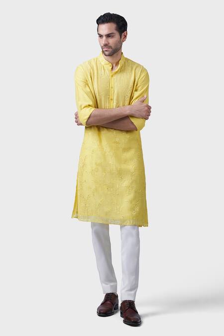 Raghavendra Rathore Jodhpur_Yellow Silk Embroidery, Sequins Climbing Rose Kurta_at_Aza_Fashions