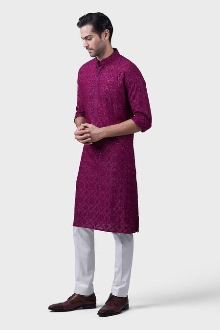 Raghavendra Rathore Jodhpur_Wine Silk Sequins Baroque Jaal Embroidered Kurta_Online_at_Aza_Fashions