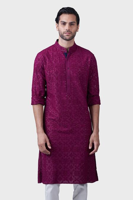Buy_Raghavendra Rathore Jodhpur_Wine Silk Sequins Baroque Jaal Embroidered Kurta_Online_at_Aza_Fashions