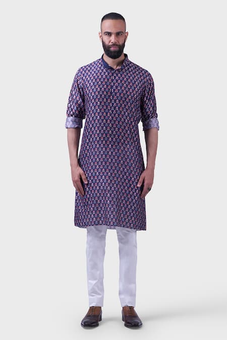 Raghavendra Rathore Jodhpur Blue Silk Print Wildflora Jharokha Kurta